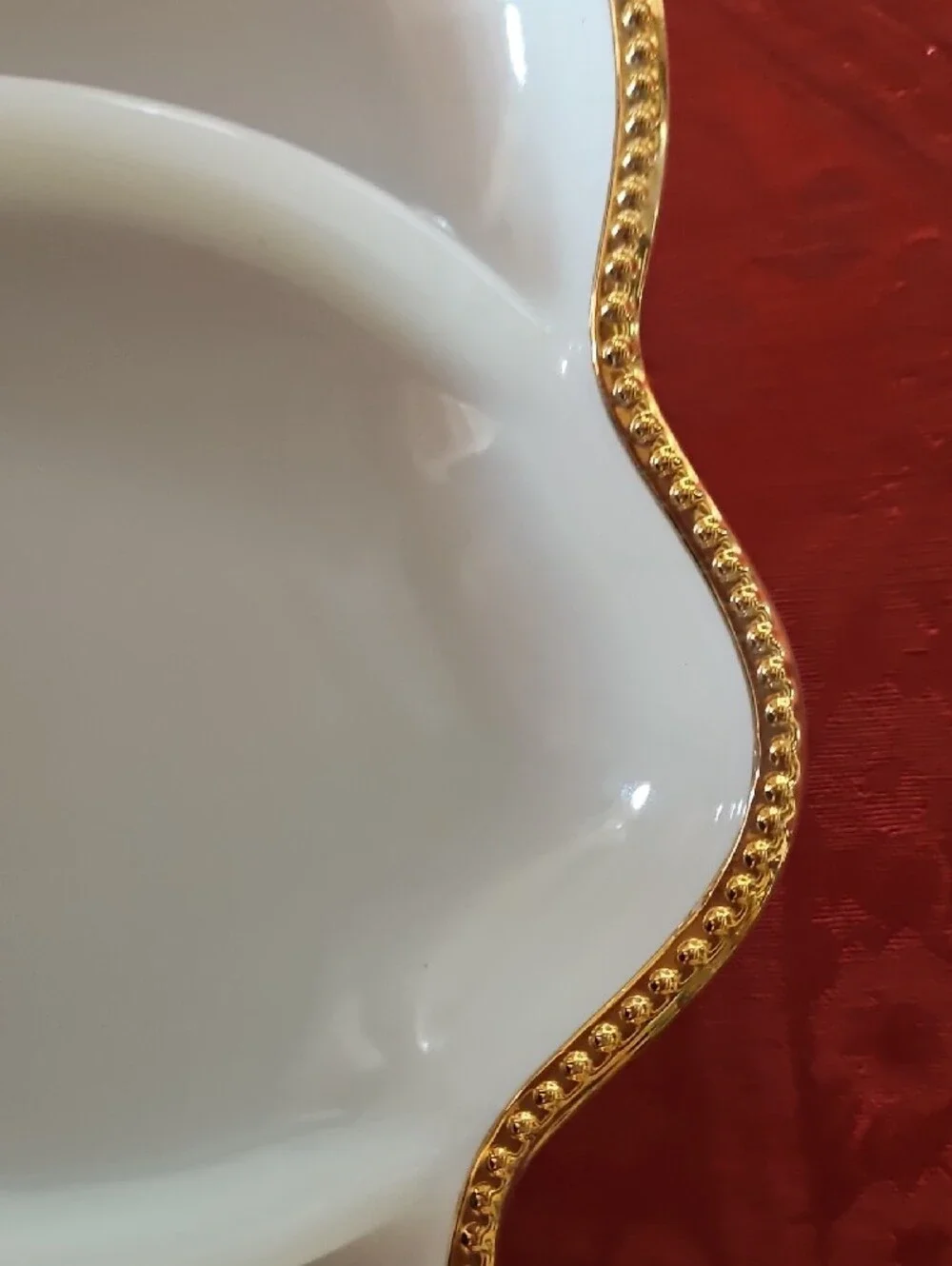 VTG Fire-King Milk Glass 3 Section Divided Relish Dish Gold Scalloped Rim, #1